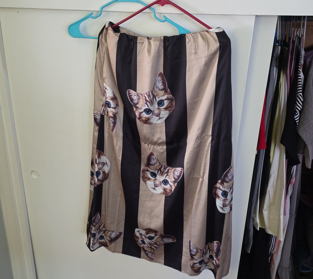 Dressed in LALA Beige and Black Striped Cat Print Midi Skirt